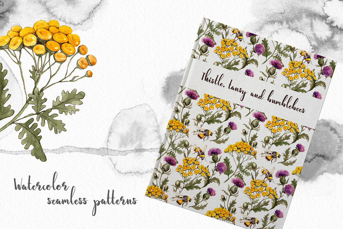 Thistle tansy bumblebees watercolor, an Illustration by Alamella (Photo 5 of 5)