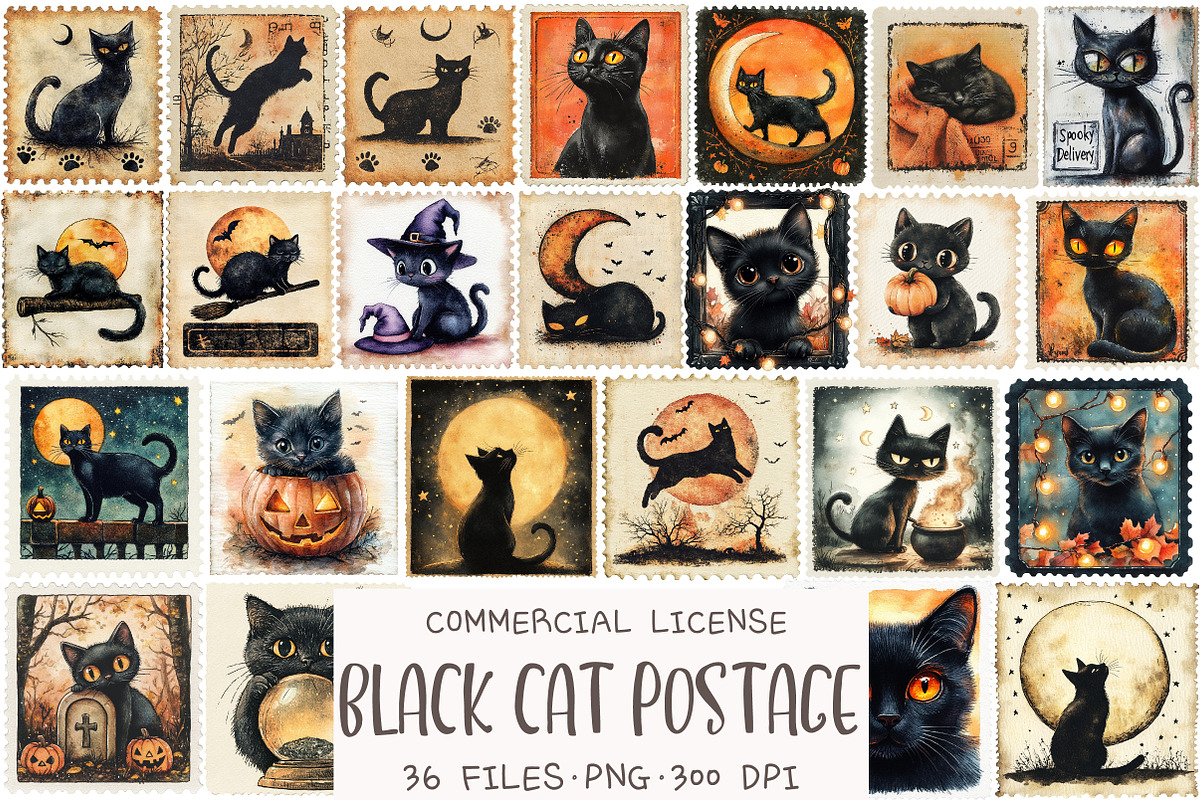 Halloween Black Cat Postage Stamp, an Illustration by OK Design (Photo 1 of 5)