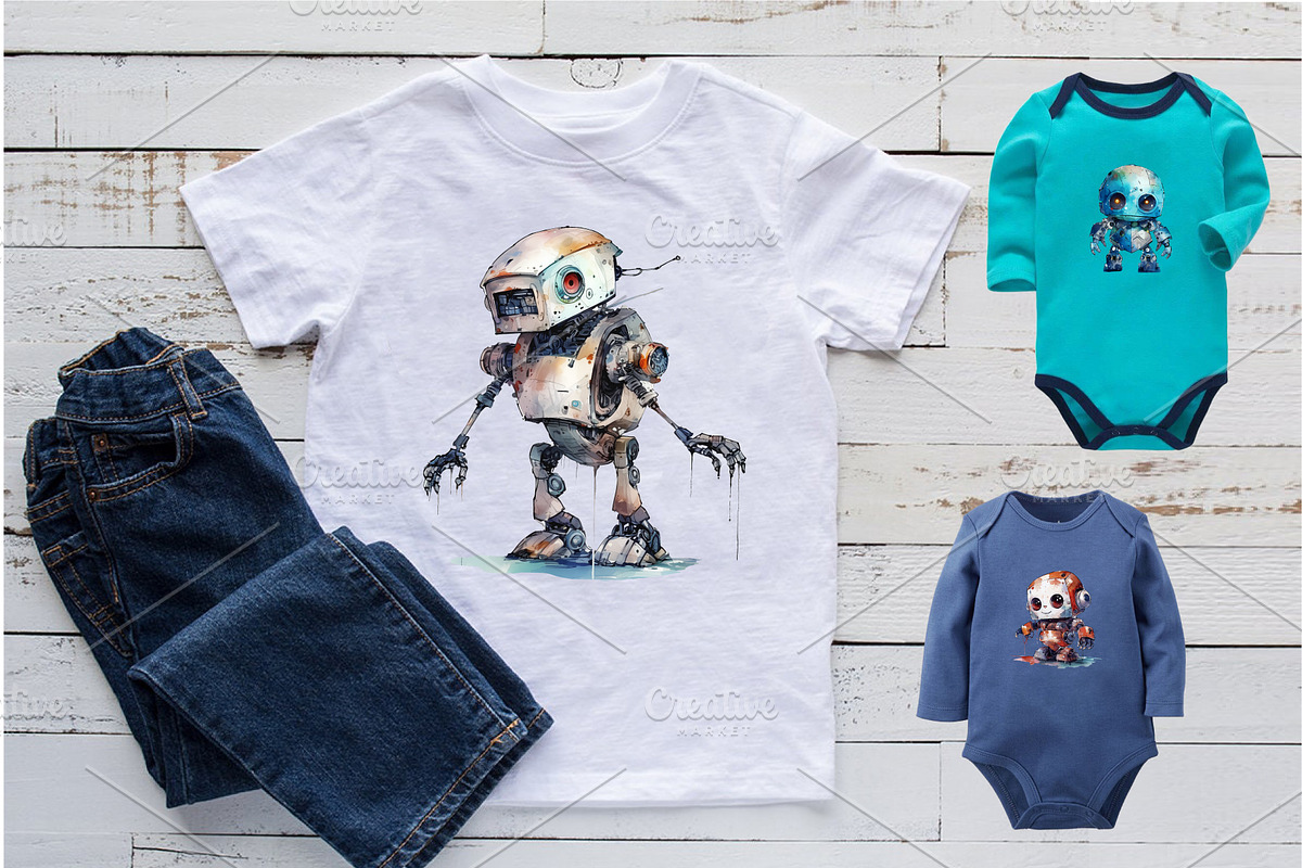 Cute Watercolor Robots. TShirt, an Animal Illustration by KENO Mascots (Photo 7 of 8)