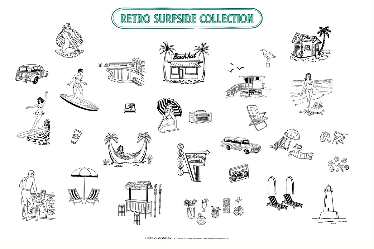 Retro Surfer Summer Illustrations, a Seasonal Illustration by Happy Monday Creative (Photo 2 of 4)