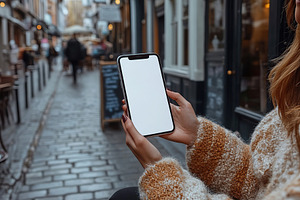 Portrait of a person holding a blank mobile phone in a narrow street, a Technology Photo by AlyaAnd