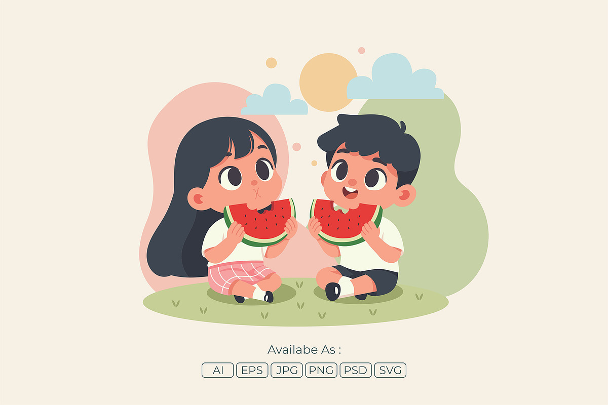 Boy and Girl Summer Watermelon Fun, a Person Illustration by Partikusi Design (Photo 2 of 3)