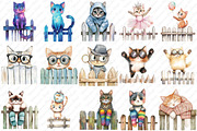 Quirky Cats on a fence clipart, an Illustration by Watercolor design (Thumbnail 2 of 12)