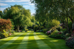 Green garden path with trees, flower, a Nature Photo by Pavel_design