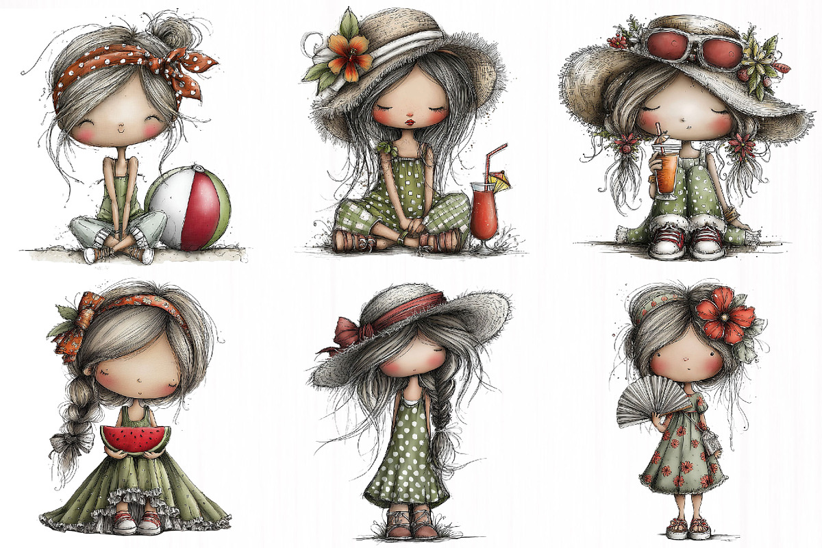 Whimsical Summer Girls Clipart, a Person Illustration by DreamCafeArt (Photo 2 of 7)