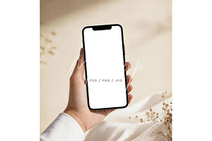 Minimalist Beige Phone in Hand Mocku, a Product Mockup by TatiMockup