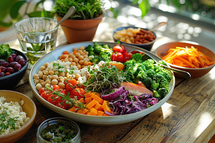 Vibrant healthy veggie bowl deliciou, a Background Photo by Pixeness
