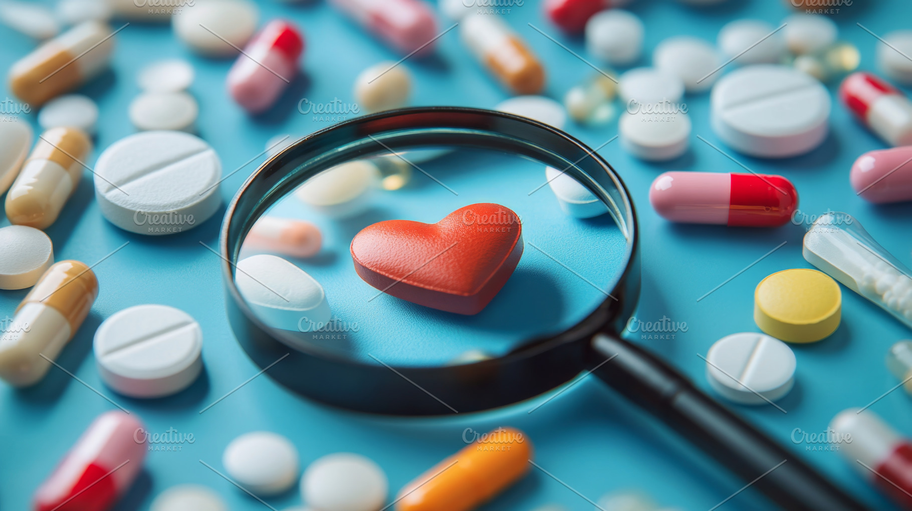 Magnifying Glass Over Heart Symbol Surrounded by Various Pills, an Abstract Photo by Natalia Klenova's Shop