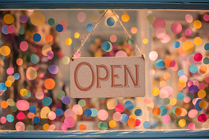 Shop Front with Open Sign, a Background Photo by Ocean Digital Art