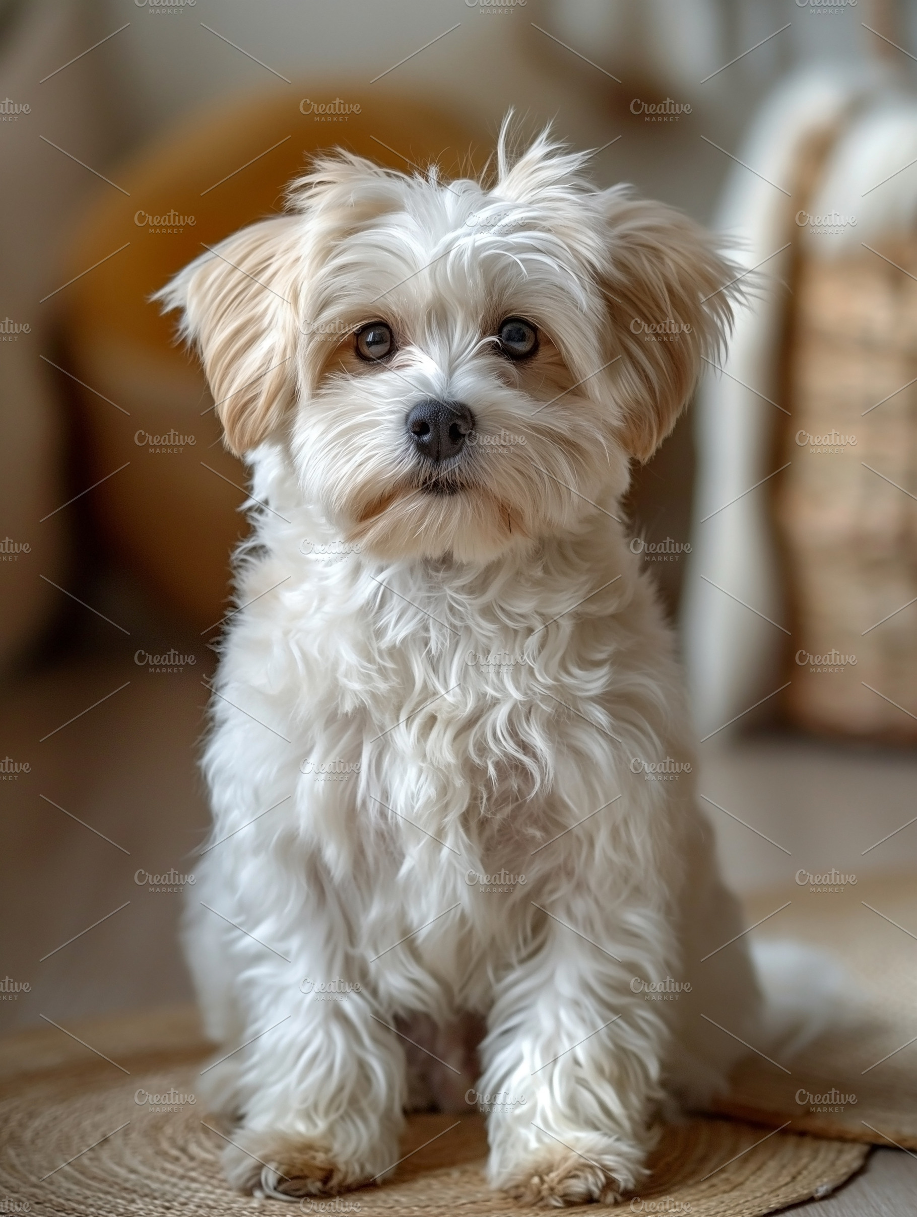 Adorable small white dog with fluffy fur sitting on a natural fiber rug indoors, an Animal Photo by ImageMir