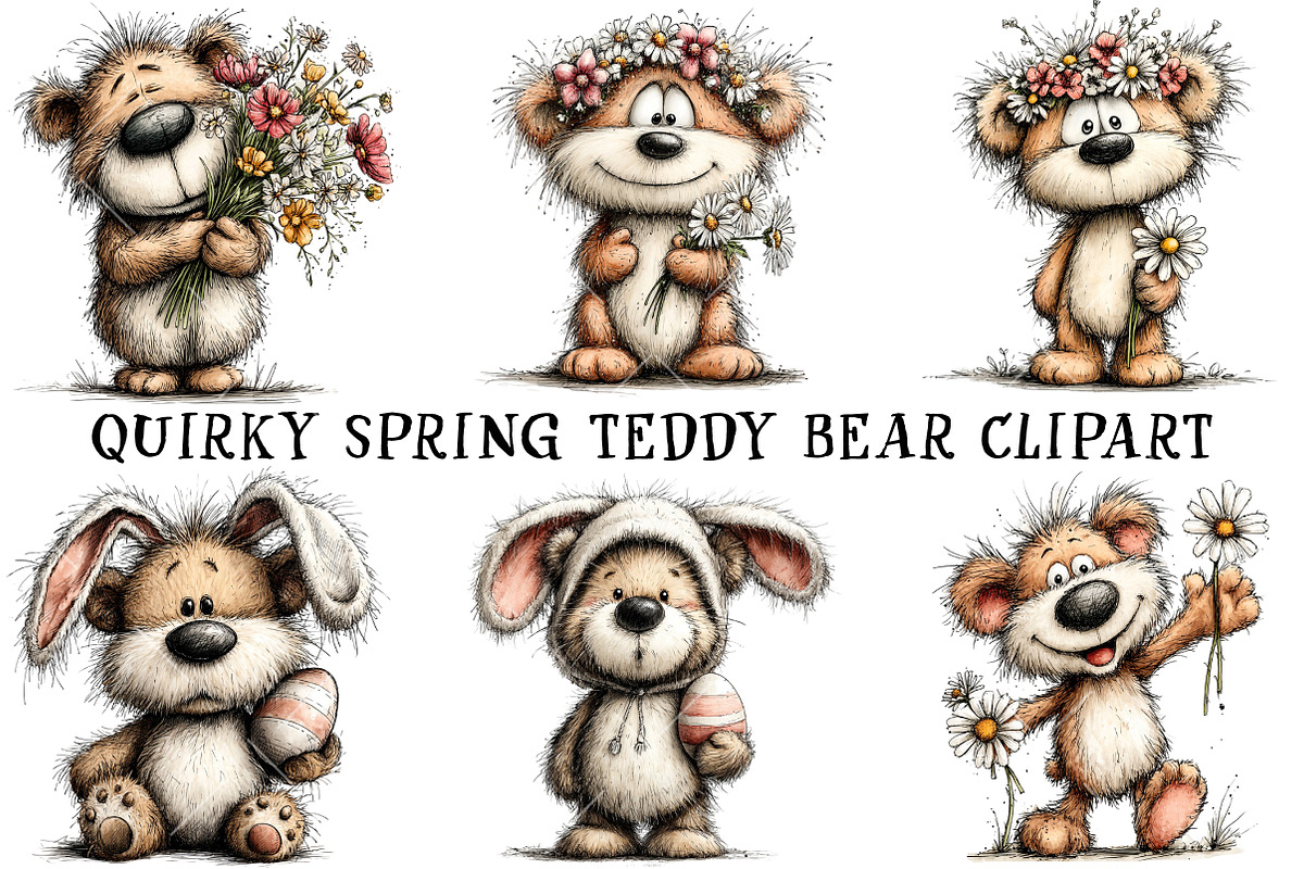 Quirky Spring Teddy Bear Clipart, an Illustration by OK Design (Photo 2 of 6)