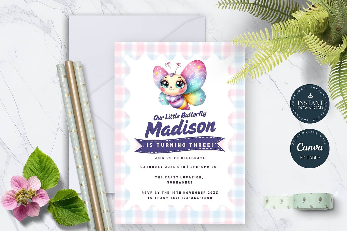 Cute Butterfly Birthday Invitation, an Invitation Template by Tracia Creative (Photo 5 of 6)