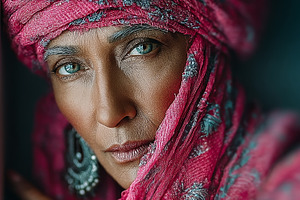 Indian senior woman portrait wearing pink turban and textured shawl with expres, a Photo by AS photostudio