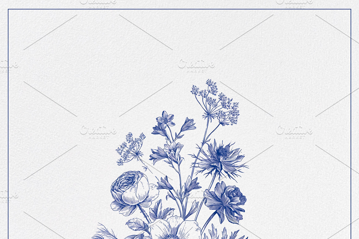 Vintage floral bouquet drawing with blue flowers and leaves, elegant botanical, an Illustration by Studio ANNA