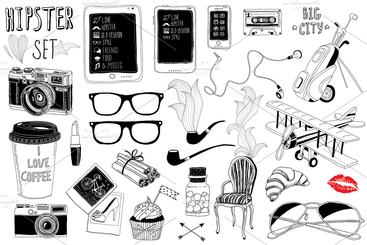 Hipster doodle set + 24 patterns, a Pattern Graphic by artnLera (Photo 2 of 5)