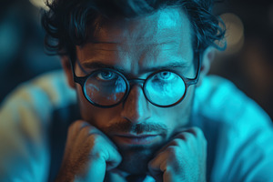 A close-up portrait of a psycholinguist man with curly hair and glasses, lookin, a Person Photo by Textures & Backgrounds