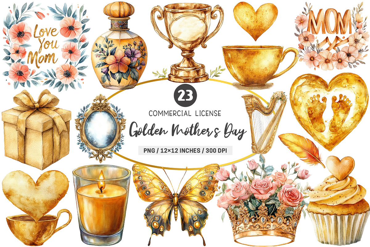 Golden Mother's Day Clipart PNG, an Illustration by SinaCreation (Photo 1 of 5)