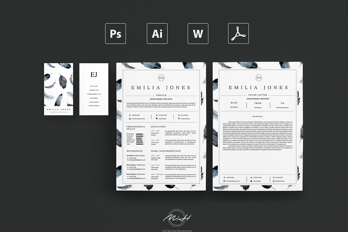 Feather Resume / Card Template, a Resume Template by MH Design Template (Photo 1 of 4)