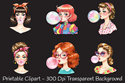 Retro Girl Blowing a Bubblegum Png, an Illustration by RobertsArt (Thumbnail 2 of 7)
