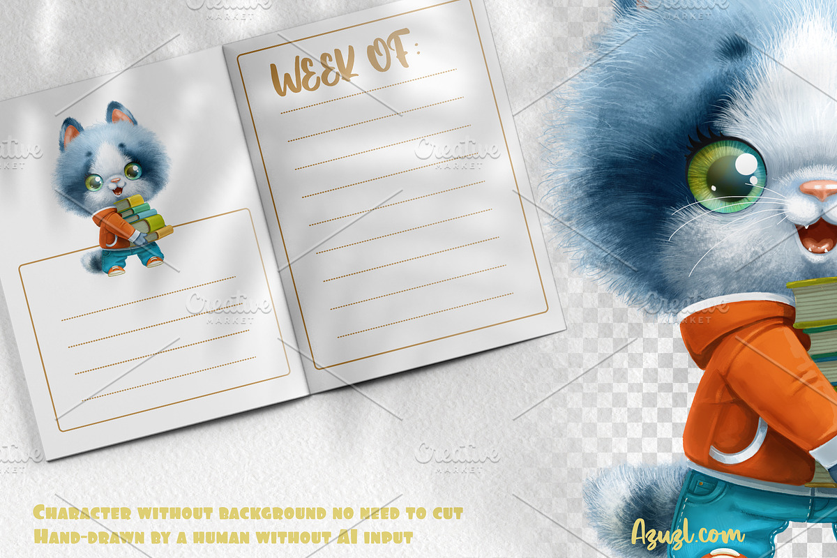 Cartoon Schoolkitten with textbooks, an Animal Illustration by Azuzlikus (Photo 2 of 3)