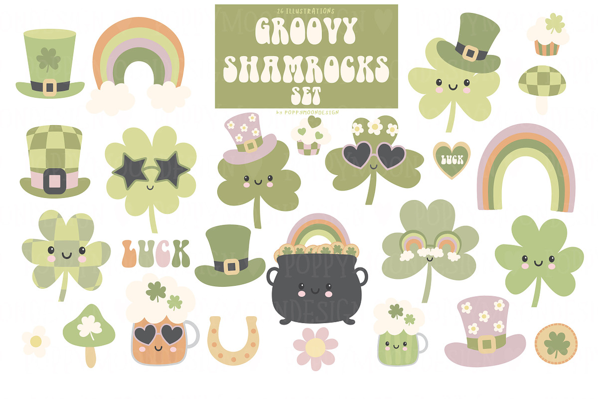 Groovy Shamrocks set, a Seasonal Illustration by Poppymoondesign (Photo 1 of 10)