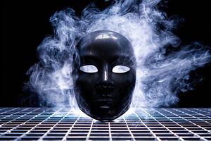 Dramatic black mask surrounded by mist on a grid-like surface, an Arts & Entertainment Photo by AlyaAnd