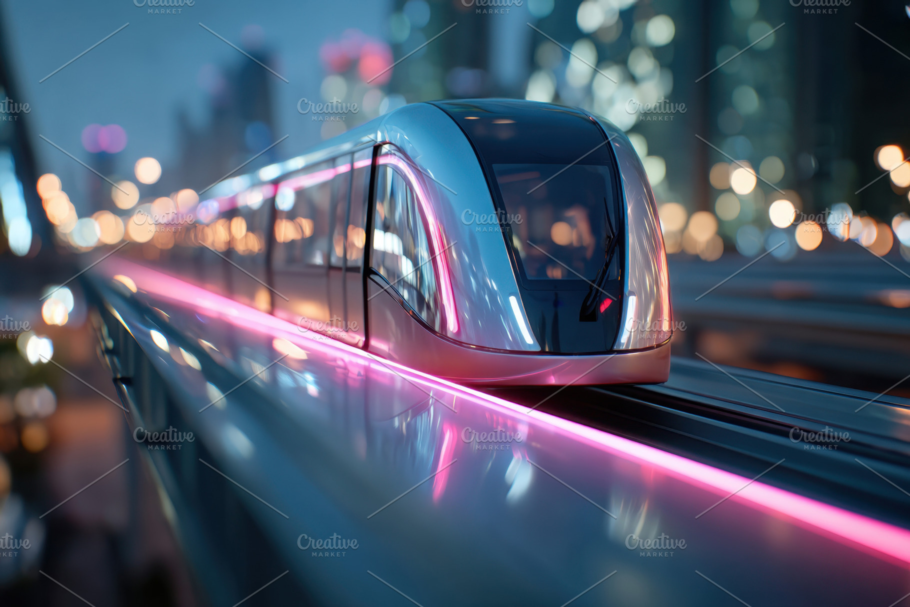 Modern illuminated train in a vibrant city at night, a Transportation Photo by AlyaAnd