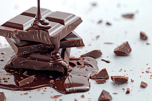 Pieces of black chocolate pouring liquid chocolate on white bac, a Food & Drink Photo by AlyaAnd