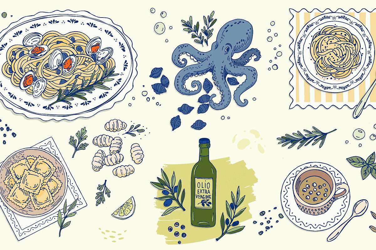 Hand drawn italian seafood pasta set, a Food Illustration by Zimages (Photo 2 of 3)