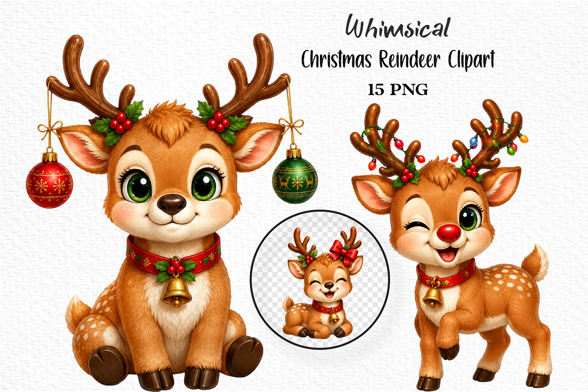 Whimsical Christmas Reindeer Clipart, a Seasonal Illustration by Craft Nest (Photo 1 of 3)