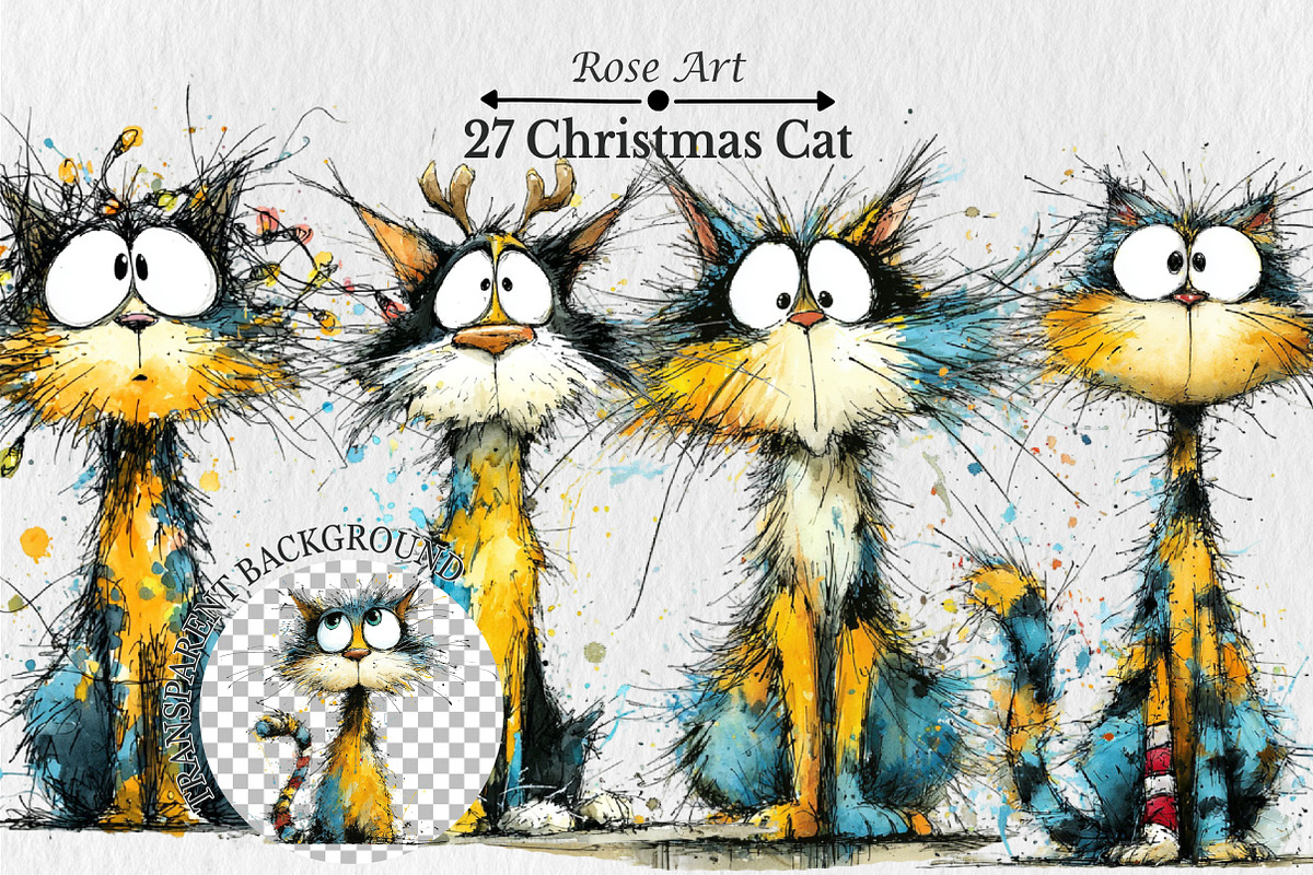 Whimsical Christmas Cat Clipart, an Animal Illustration by Rose Art (Photo 1 of 5)