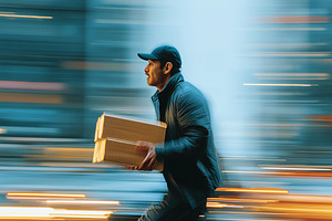 Urban Delivery Courier Running Through City with Package During Rush Hour, a Person Photo by Ocean Digital Art