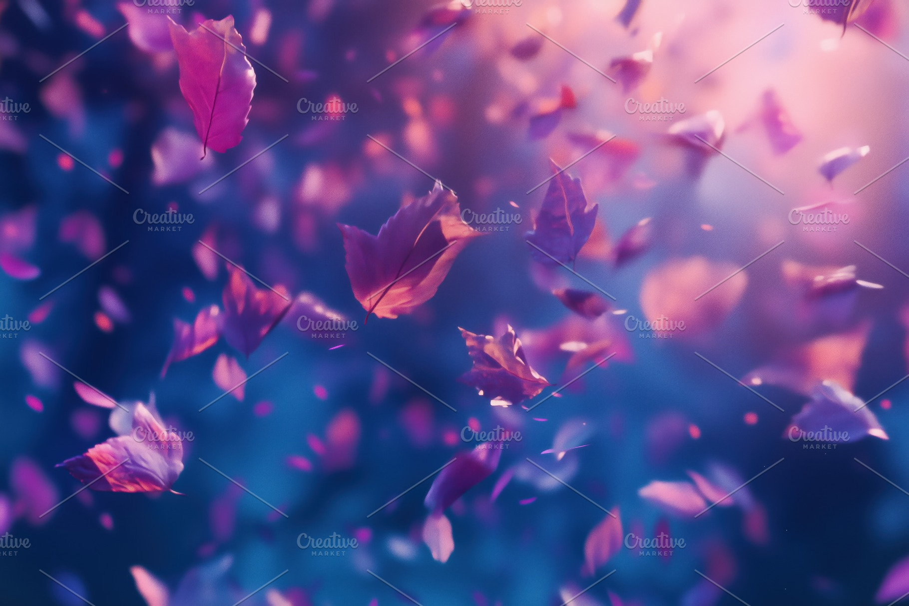 A dreamy scene of floating pink and purple leaves against a soft, blurred backg, a Photo by Textures & Backgrounds