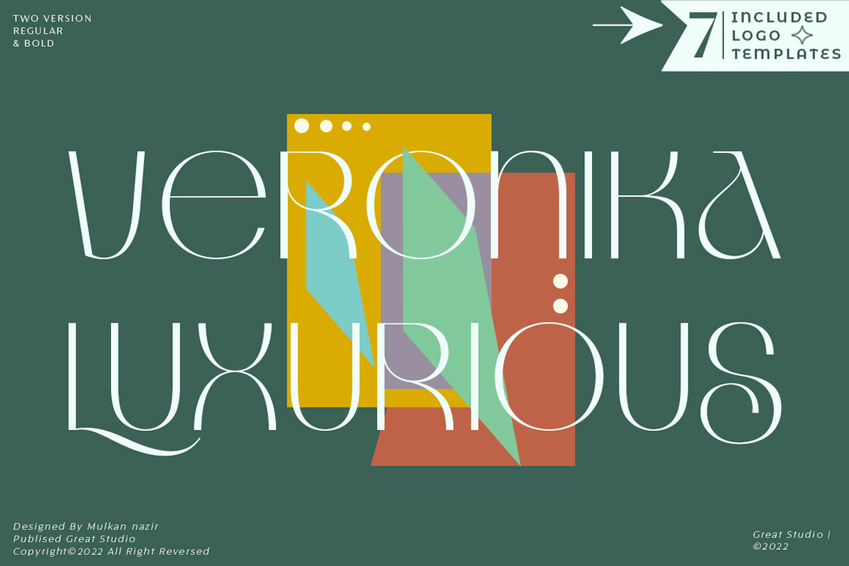 Veronika Luxurious | Bonus Logo, a Sans Serif Font by Mulkan Nazir (Photo 1 of 17)