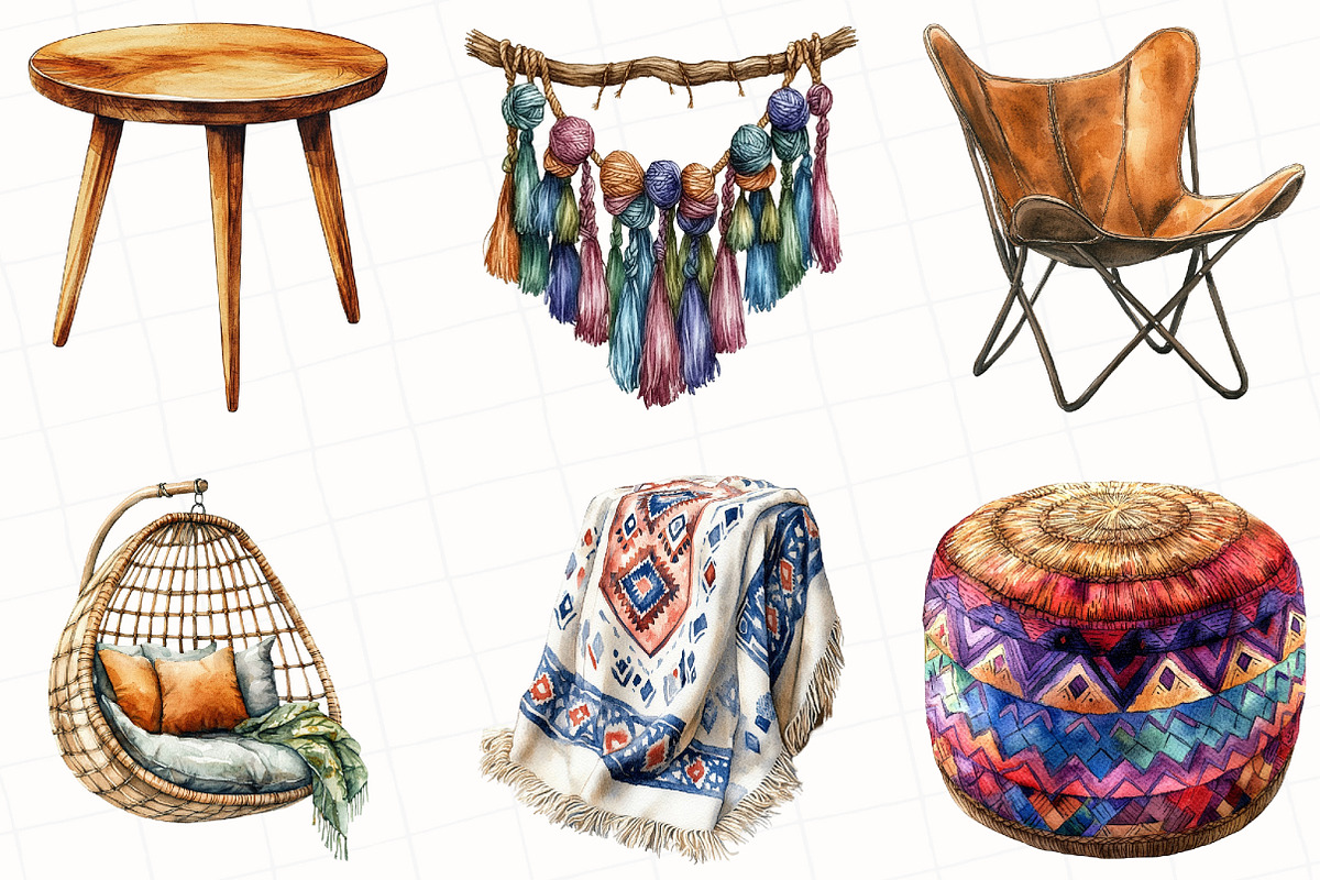 Watercolor Boho Interior Clipart, an Illustration by OK Design (Photo 4 of 5)