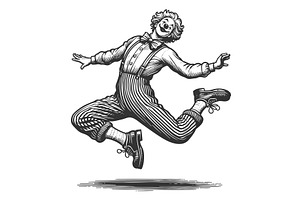 Clown Jumping with Joy engraving, a Person Illustration by AlexArt
