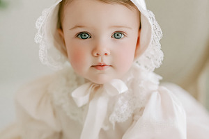 Baby girl wearing elegant white christening dress and lace bonne, a Person Photo by Studio ANNA