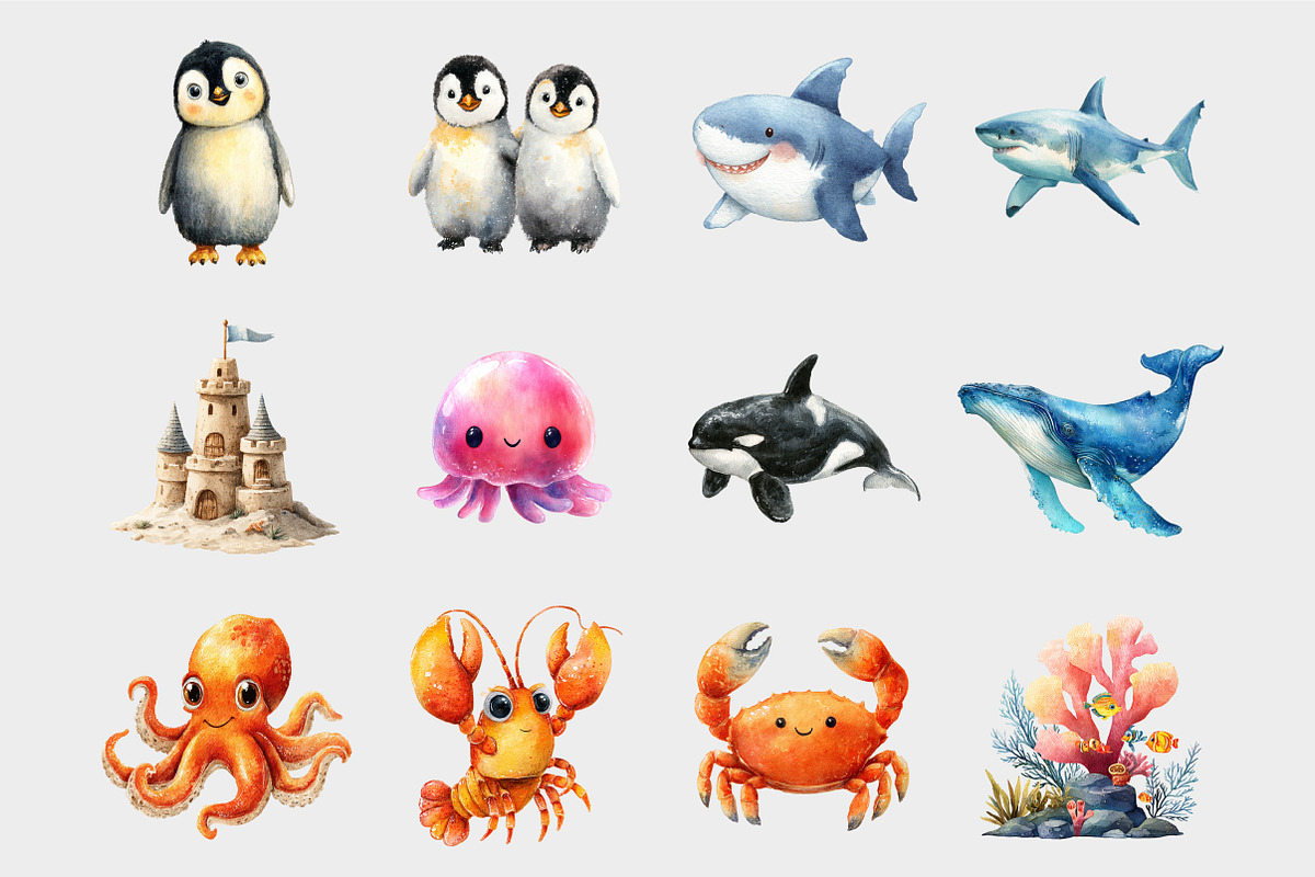 Watercolor Sea Life Kawaii Clipart, a Seasonal Illustration by Design Market (Photo 4 of 5)