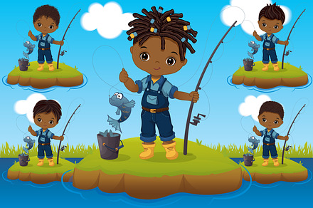 Vector African American Boy Fishing