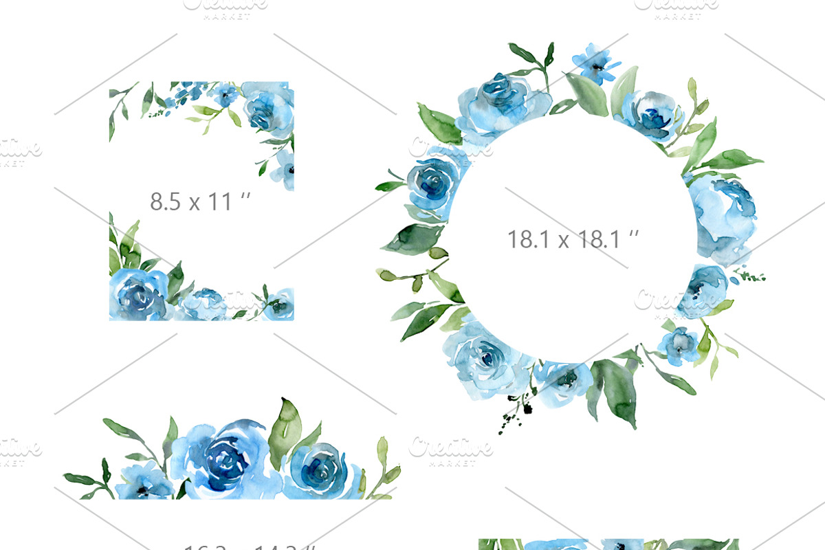Blue Watercolor Flowers Green Leaves, an Illustration by GraphicsDish (Photo 4 of 5)