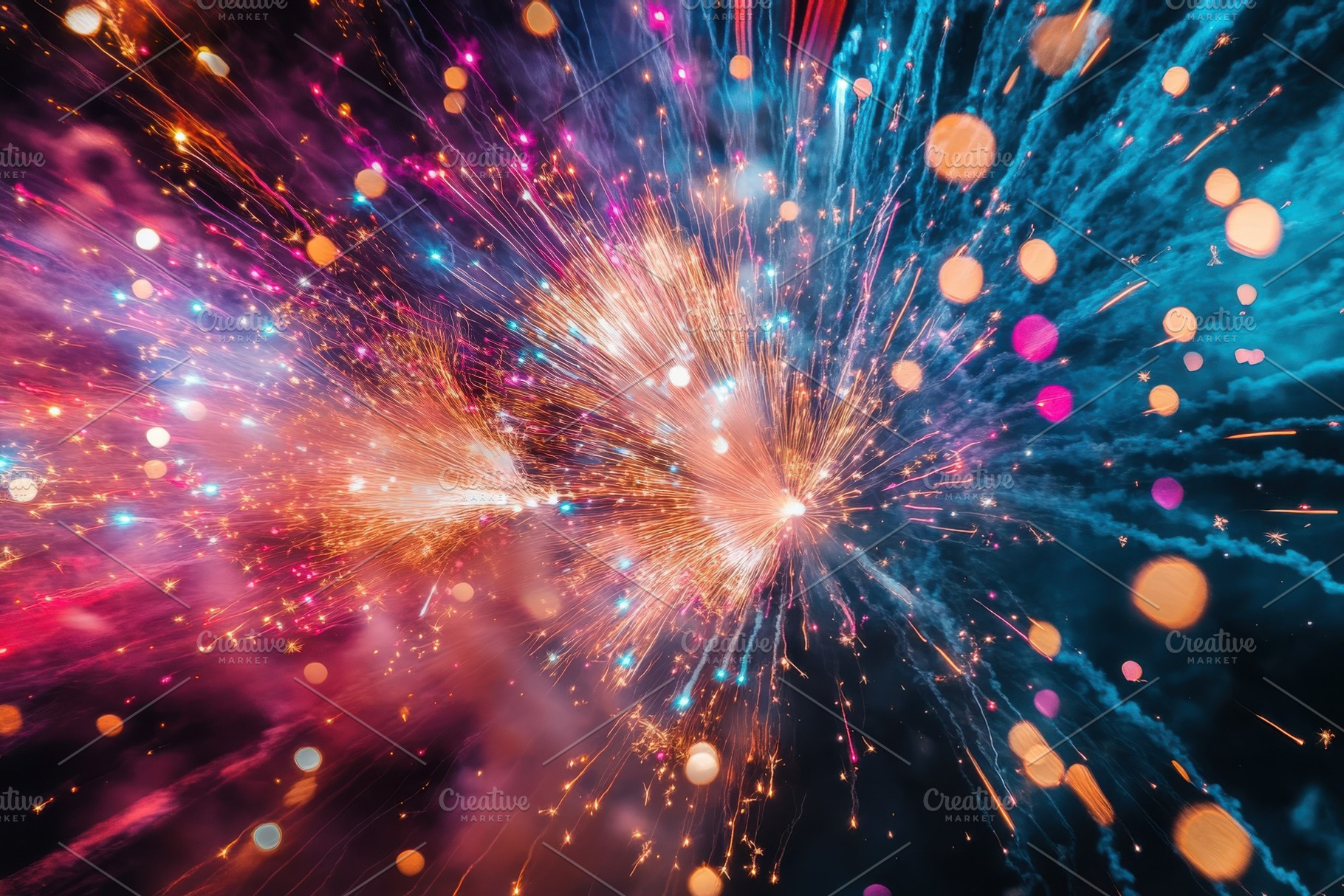 Vivid Fireworks Explosion Night Sky, a Photo by Pixeness Studio