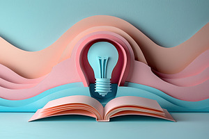 Open book with pastel pages and layered paper light bulb on colo, a Background Photo by José Manuel Gelpi