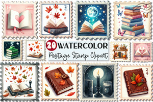 Reading Books Postage Stamp Clipart, an Illustration by Rose Art