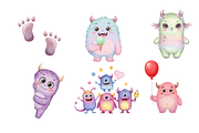 Watercolor Cute Monsters Clipart, a Decorative Illustration by BerryPieArt (Thumbnail 4 of 4)