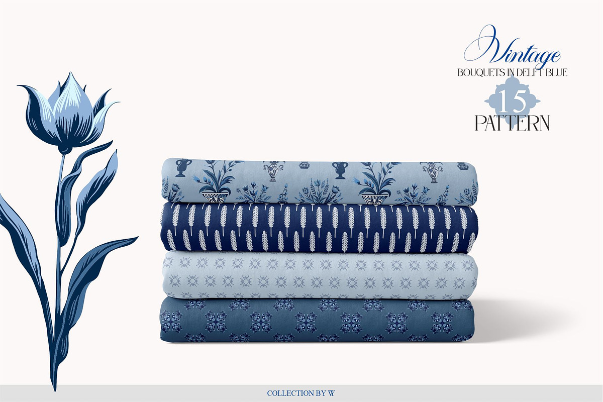 Vintage Bouquets In Delft Blue, a Decorative Illustration by Collection by VY (Photo 9 of 12)