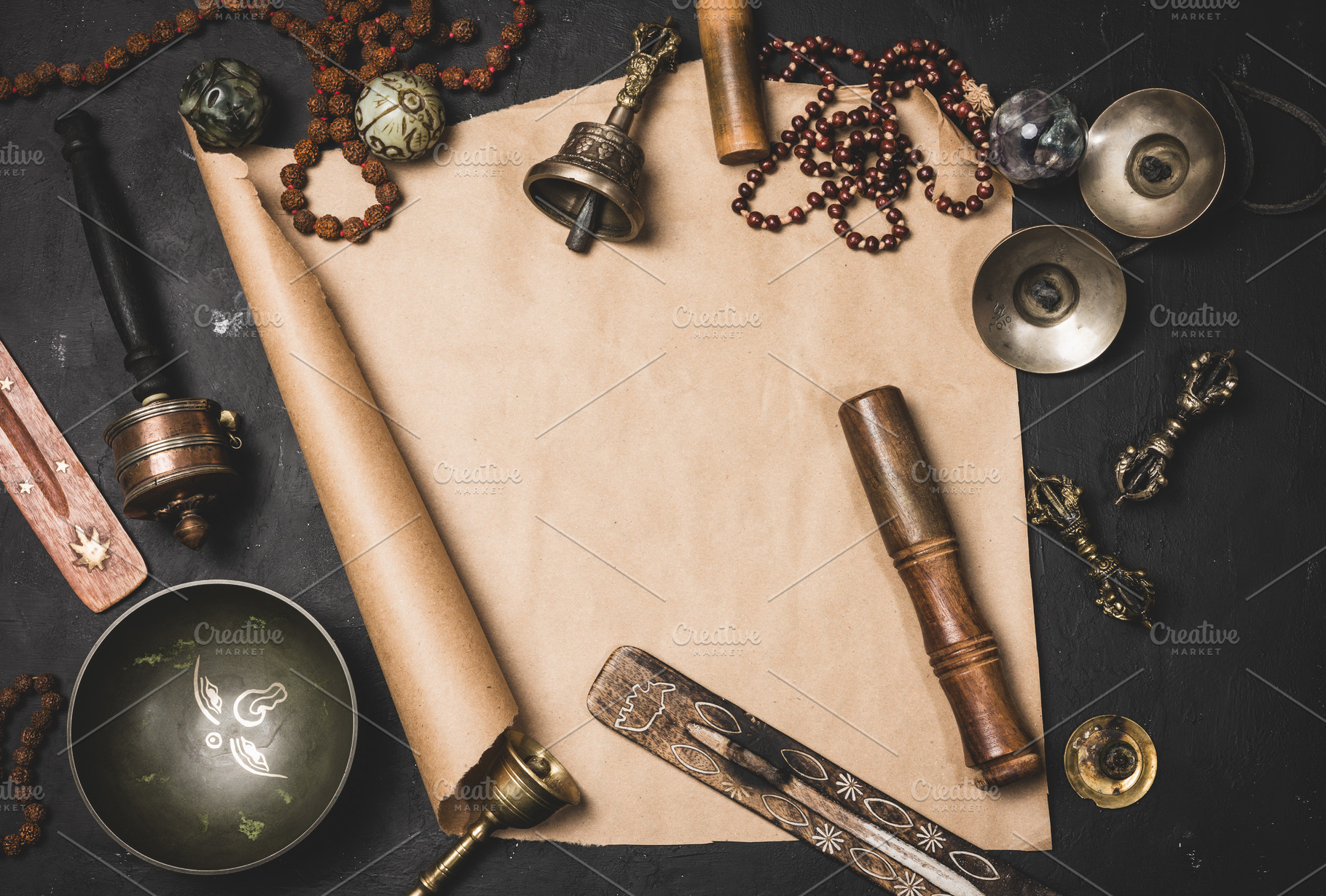 Religious objects for prayer and meditation, with a sheet of bro, a Health & Medical Photo by ndanko