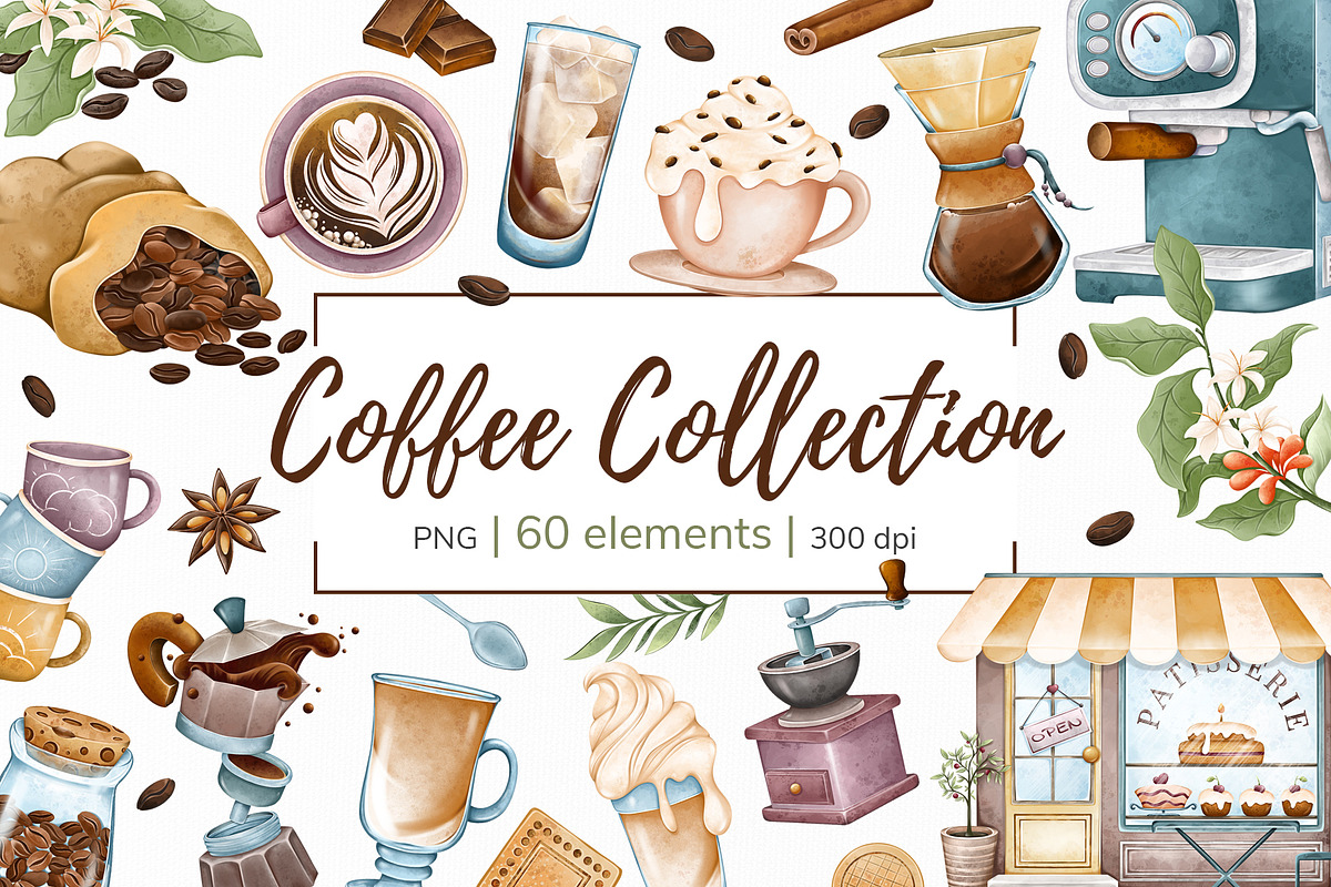 Watercolor Coffee Clipart PNG Set, a Food Illustration by Mespilia (Photo 1 of 5)
