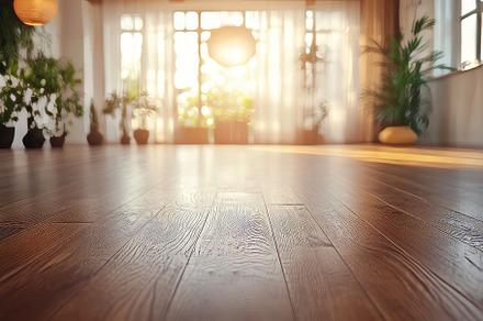 A warm, sunlit indoor space featuring natural wooden flooring and lush green pl, a Background Photo by ImageMir