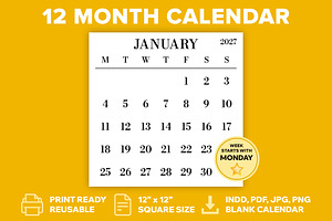 2027 Large MON-SUN 12x12 Calendar