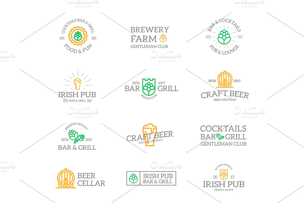 Set of retro vintage beer and alcohol logo or insignia, emblems, labels and badges and other branding objects. Vector line style, a Branding & Logo Template by GraphiShop (Photo 1 of 4)